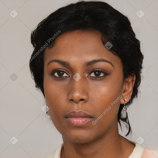 Neutral black young-adult female with short  black hair and brown eyes