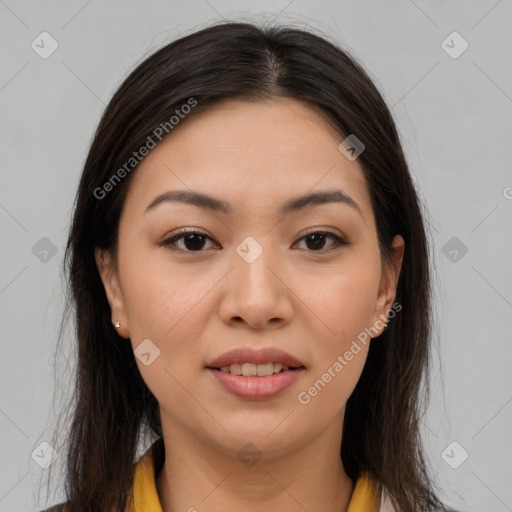 Joyful white young-adult female with long  brown hair and brown eyes