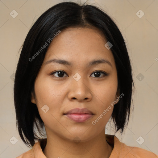 Neutral asian young-adult female with medium  brown hair and brown eyes