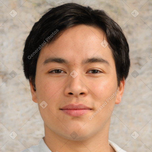 Neutral asian young-adult male with short  brown hair and brown eyes