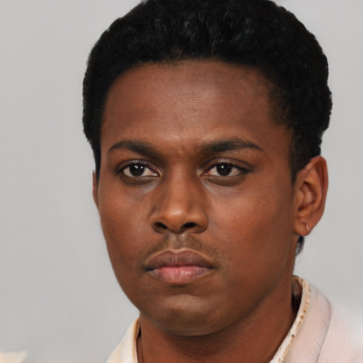 Neutral black young-adult male with short  black hair and brown eyes