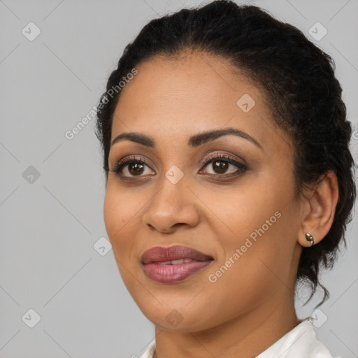 Joyful latino young-adult female with medium  black hair and brown eyes