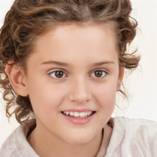 Joyful white child female with medium  brown hair and brown eyes