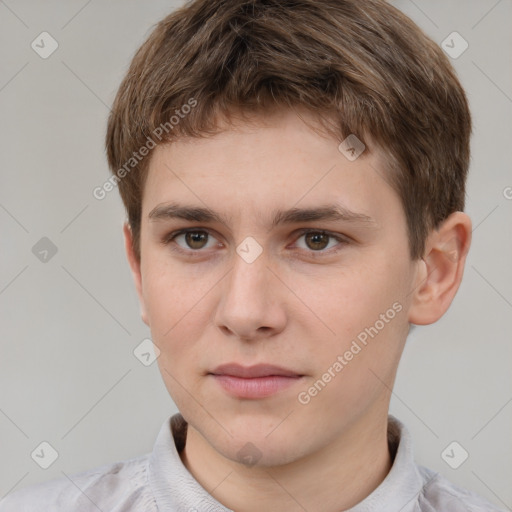 Neutral white young-adult male with short  brown hair and grey eyes