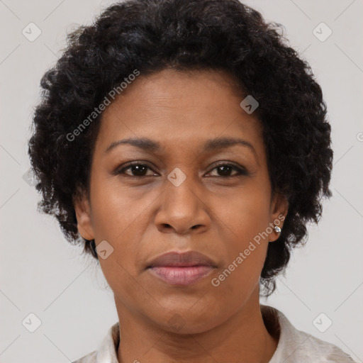 Joyful black adult female with short  brown hair and brown eyes