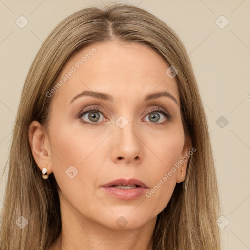 Neutral white young-adult female with long  brown hair and brown eyes