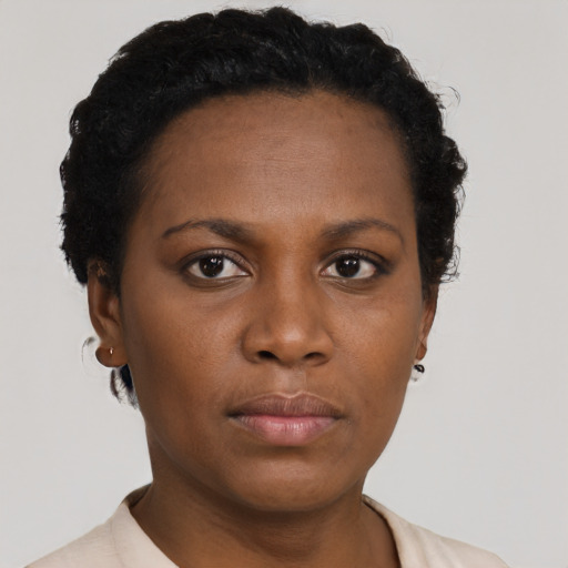 Neutral black young-adult female with short  brown hair and brown eyes