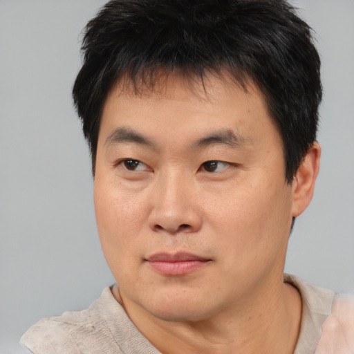 Neutral asian young-adult male with short  brown hair and brown eyes