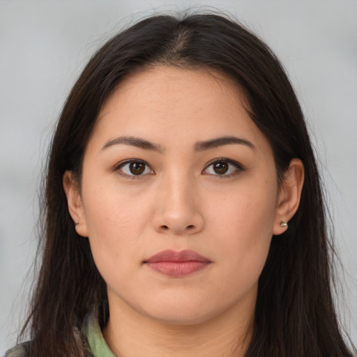 Neutral asian young-adult female with long  brown hair and brown eyes