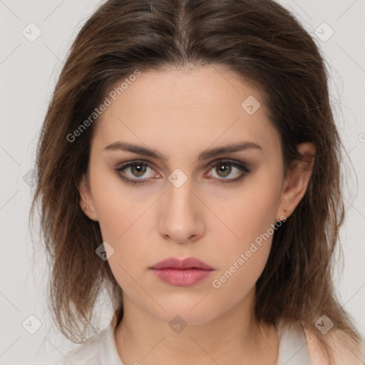 Neutral white young-adult female with medium  brown hair and brown eyes