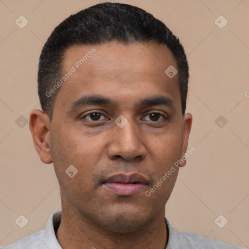 Neutral latino young-adult male with short  black hair and brown eyes