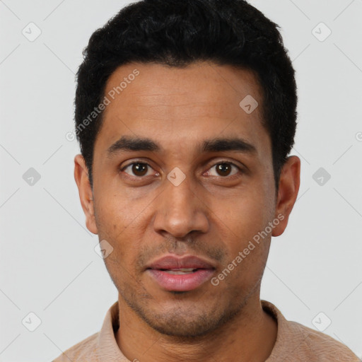 Neutral latino young-adult male with short  black hair and brown eyes