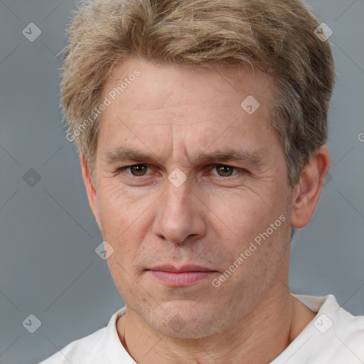 Neutral white adult male with short  brown hair and brown eyes