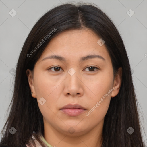 Neutral asian young-adult female with long  brown hair and brown eyes