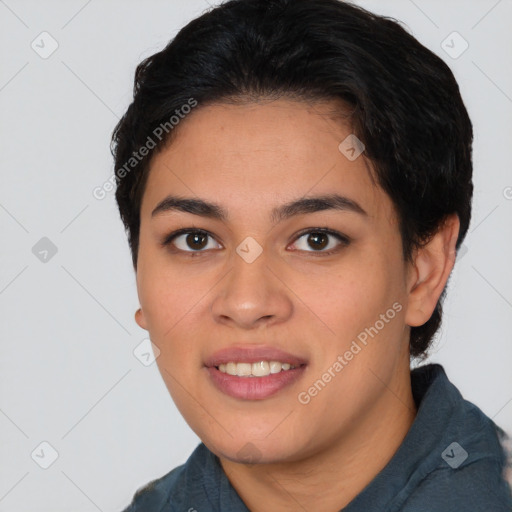 Joyful white young-adult female with short  black hair and brown eyes