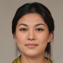 Neutral asian young-adult female with medium  brown hair and brown eyes