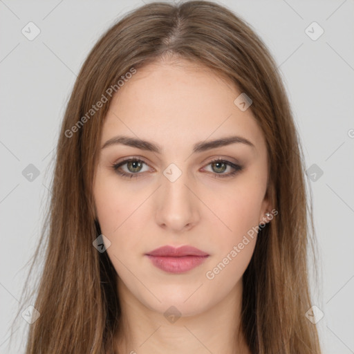 Neutral white young-adult female with long  brown hair and brown eyes