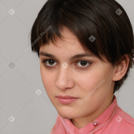 Neutral white young-adult female with medium  brown hair and brown eyes