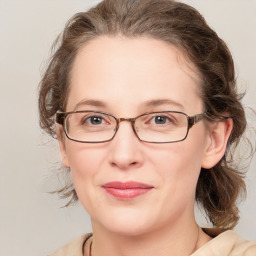 Joyful white adult female with medium  brown hair and blue eyes