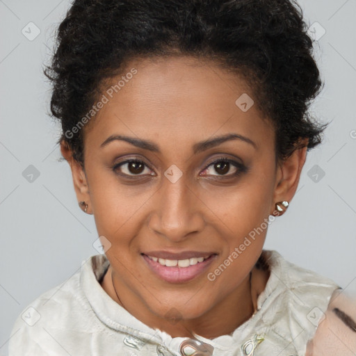 Joyful black young-adult female with short  brown hair and brown eyes