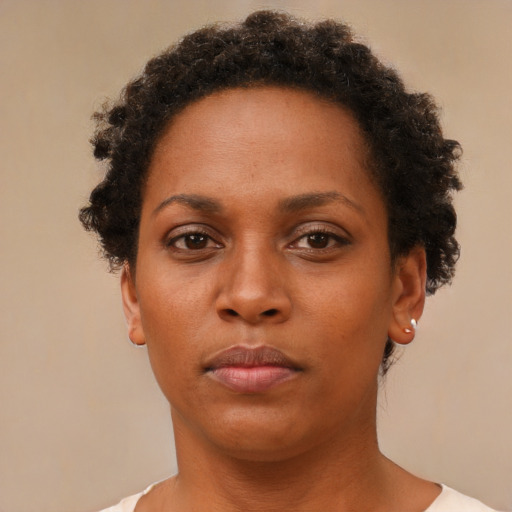Neutral black young-adult female with short  brown hair and brown eyes