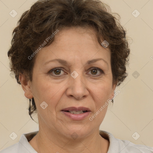 Joyful white adult female with short  brown hair and brown eyes