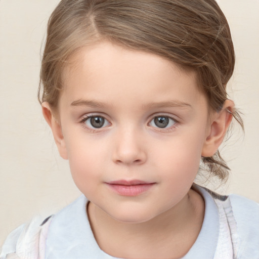 Neutral white child female with medium  brown hair and grey eyes