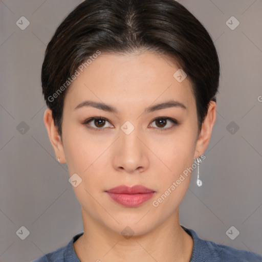 Neutral white young-adult female with short  brown hair and brown eyes