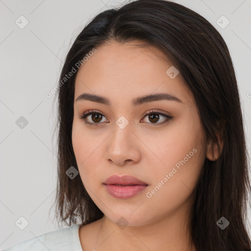 Neutral white young-adult female with long  brown hair and brown eyes