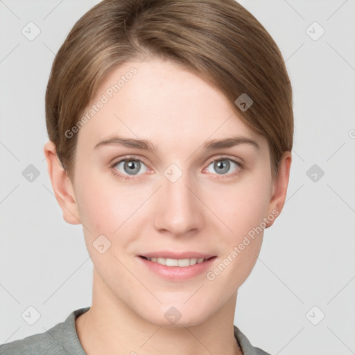 Joyful white young-adult female with short  brown hair and grey eyes