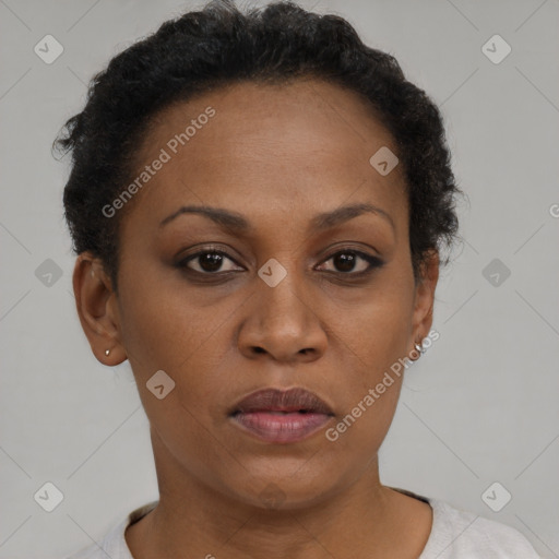 Neutral black young-adult female with short  brown hair and brown eyes