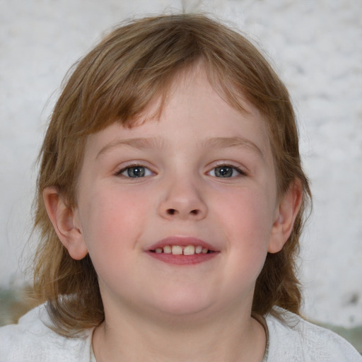 Joyful white child female with medium  brown hair and blue eyes