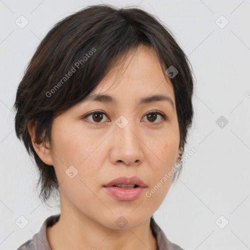 Neutral asian young-adult female with medium  brown hair and brown eyes