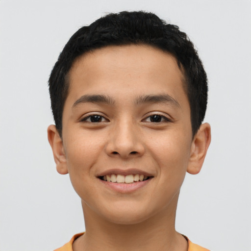 Joyful latino young-adult male with short  brown hair and brown eyes