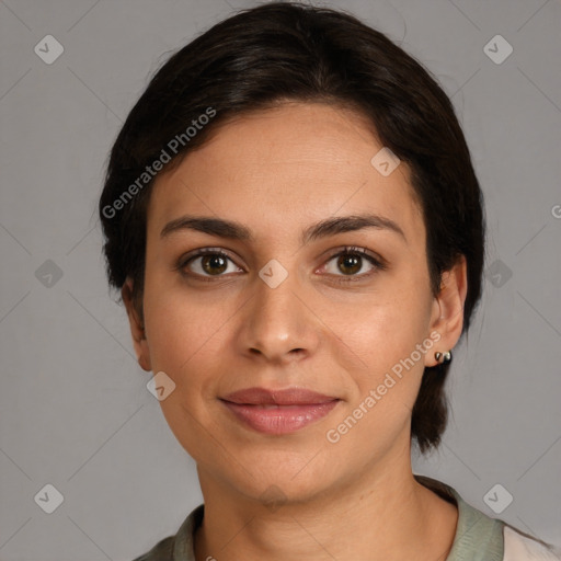 Joyful white young-adult female with medium  brown hair and brown eyes