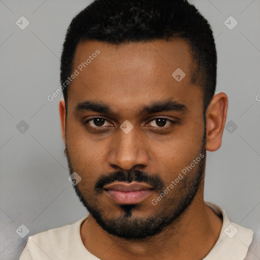 Neutral black young-adult male with short  black hair and brown eyes