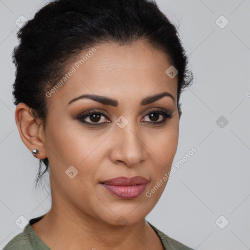 Joyful latino young-adult female with short  brown hair and brown eyes