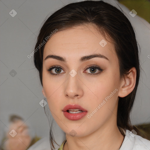 Neutral white young-adult female with medium  brown hair and brown eyes