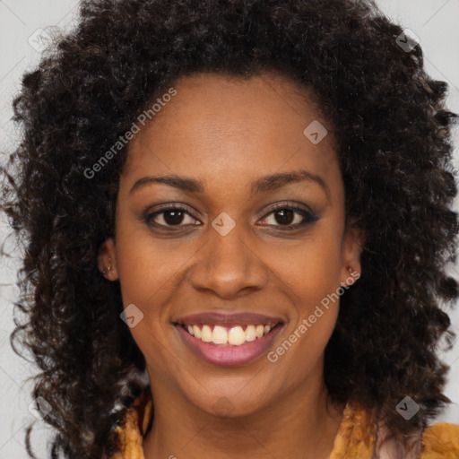 Joyful black young-adult female with medium  brown hair and brown eyes