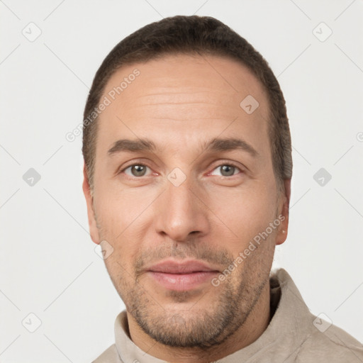 Neutral white adult male with short  brown hair and brown eyes