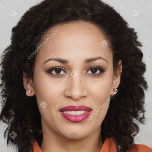 Joyful latino young-adult female with long  brown hair and brown eyes