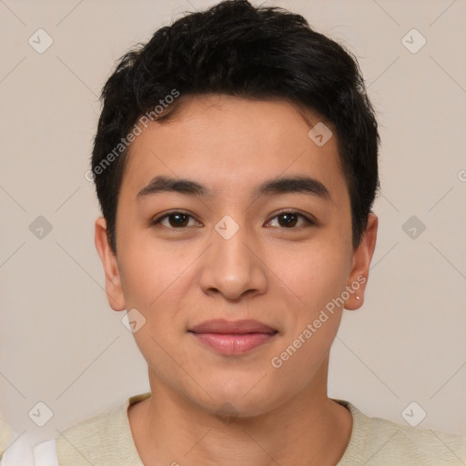 Joyful asian young-adult male with short  black hair and brown eyes