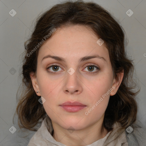 Neutral white young-adult female with medium  brown hair and brown eyes