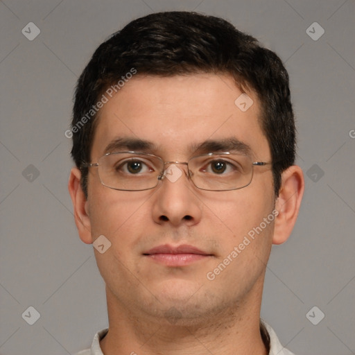 Neutral white young-adult male with short  brown hair and brown eyes