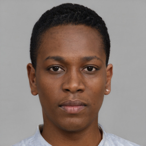 Neutral black young-adult female with short  black hair and brown eyes