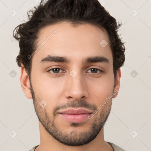 Neutral white young-adult male with short  brown hair and brown eyes