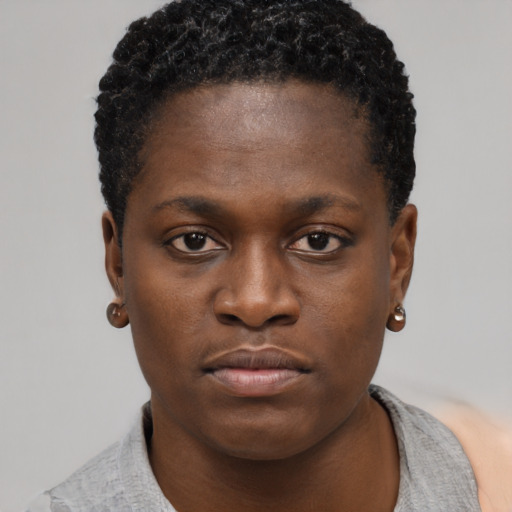 Neutral black young-adult female with short  black hair and brown eyes