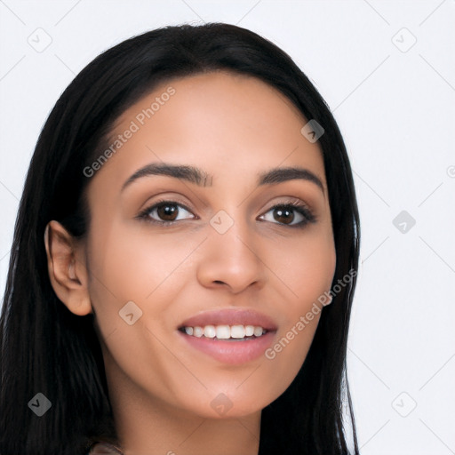 Joyful latino young-adult female with long  black hair and brown eyes