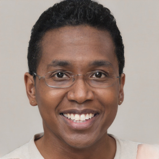 Joyful black young-adult male with short  brown hair and brown eyes