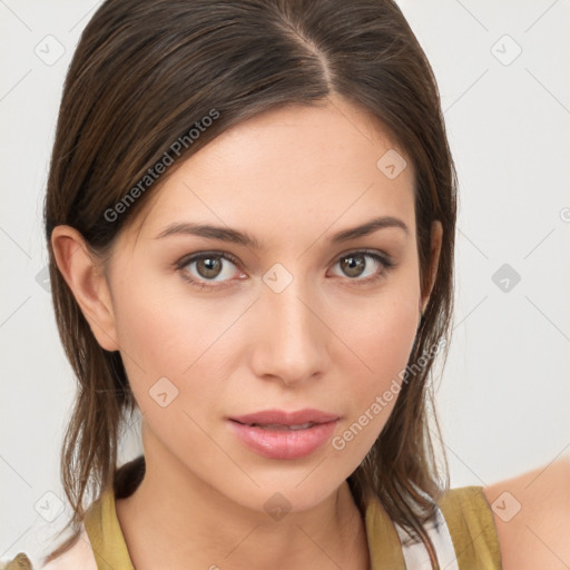 Neutral white young-adult female with medium  brown hair and brown eyes